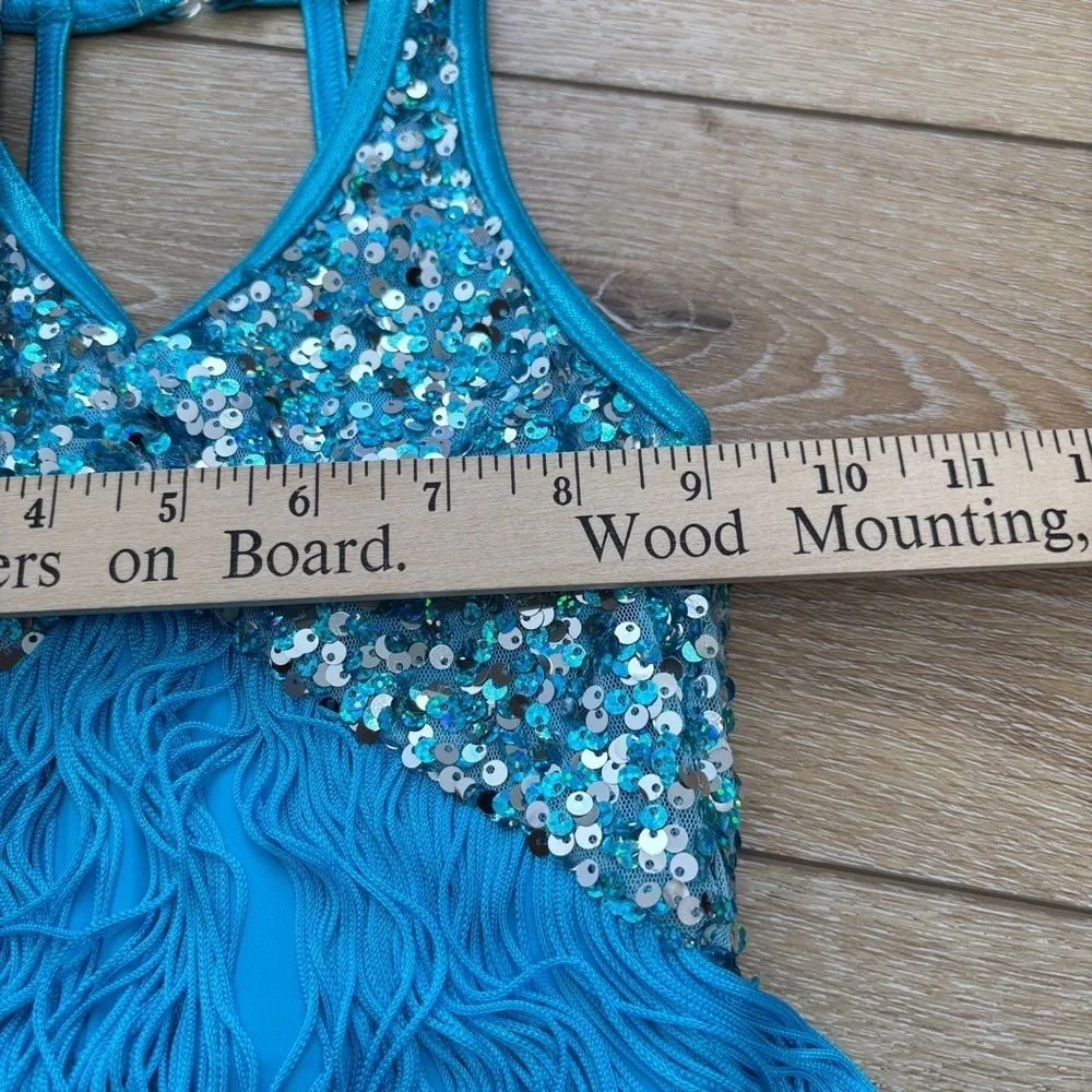 Weissman Showtime Dance Costume 10425 Size SC Blue Fringe Sequins Skating Tap